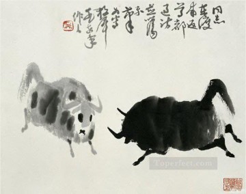  Fighting Painting - Wu zuoren fighting cattle old China ink